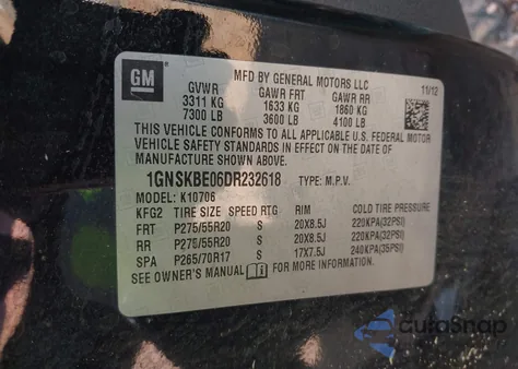 2013 Chevrolet Tahoe Lt z USA, uszkodzony, nr VIN 1GNSKBE06DR232618